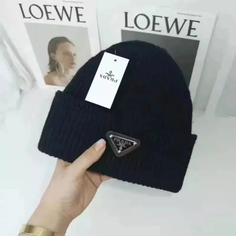 Prada Black Triangle Logo Beanie