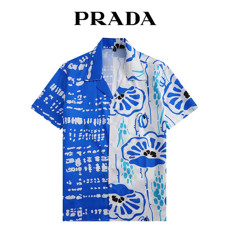 Prada Blue & White Floral Print Short-Sleeve Shirt