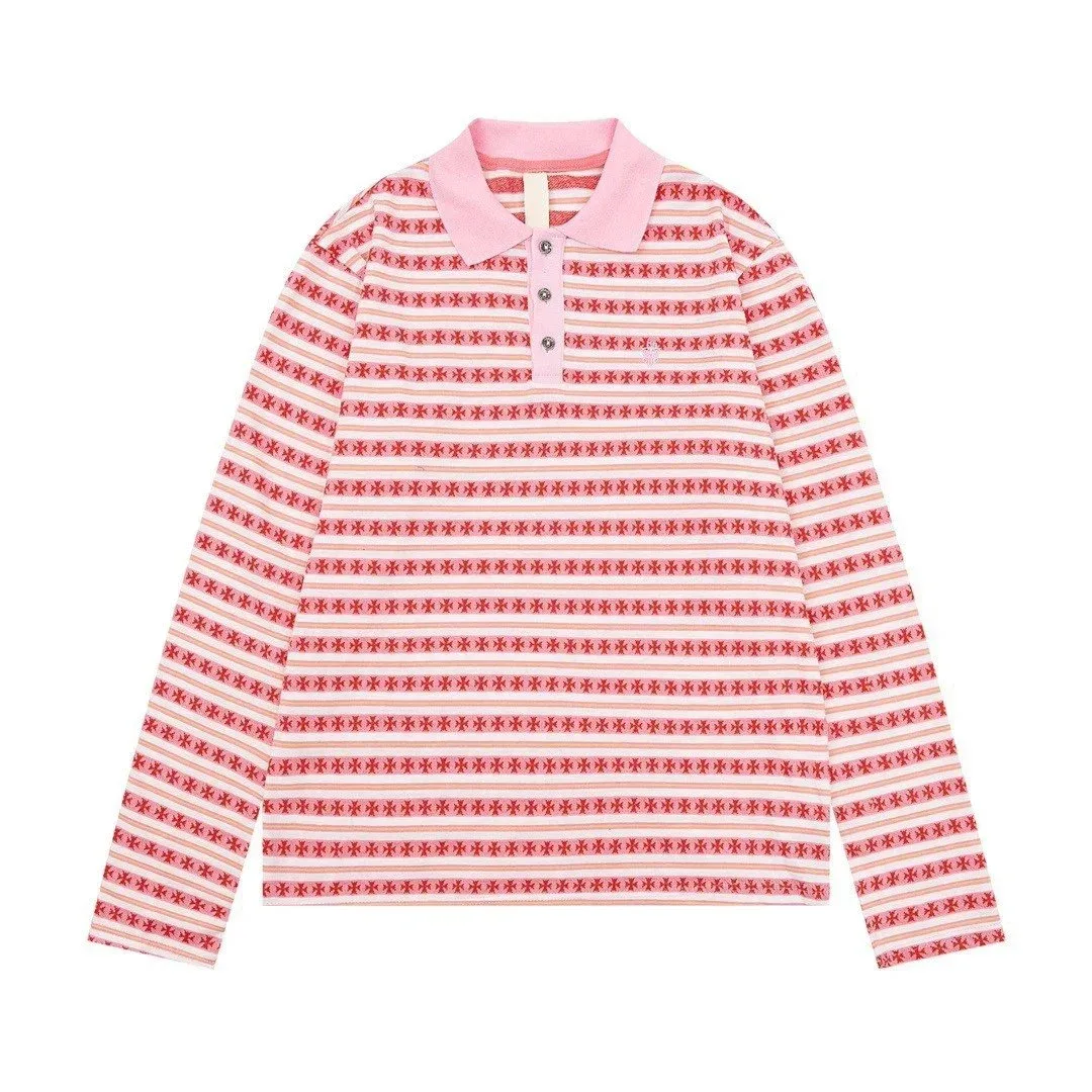Striped Long Sleeve Polo Shirt Pink BF3001 Tops