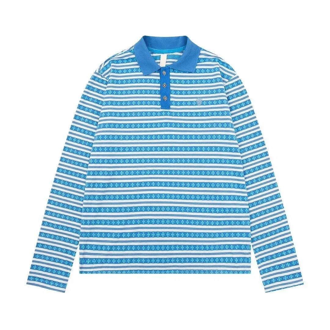Striped Long Sleeve Polo Shirt in Sky Blue BF3001