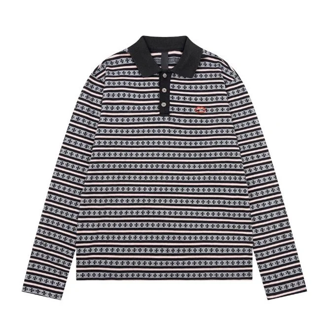Striped Pattern Long Sleeve Polo Shirt Black Pink Stripes BF3001 Top