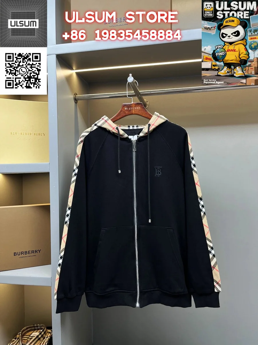 Burberry TB Monogram Black Hoodie with Checkered Sleeves
