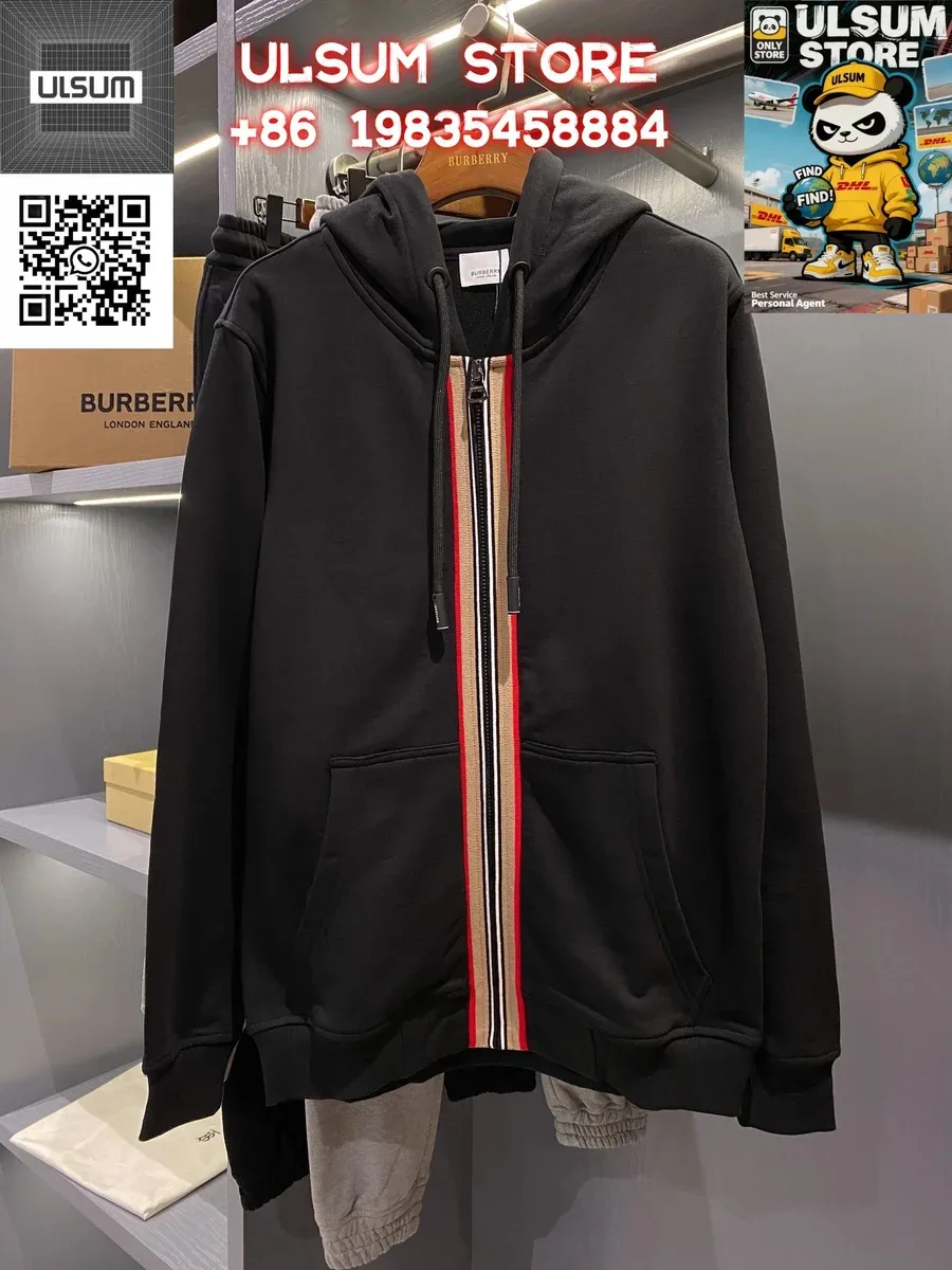 Burberry TB Monogram Black Hoodie with Striped Zipper