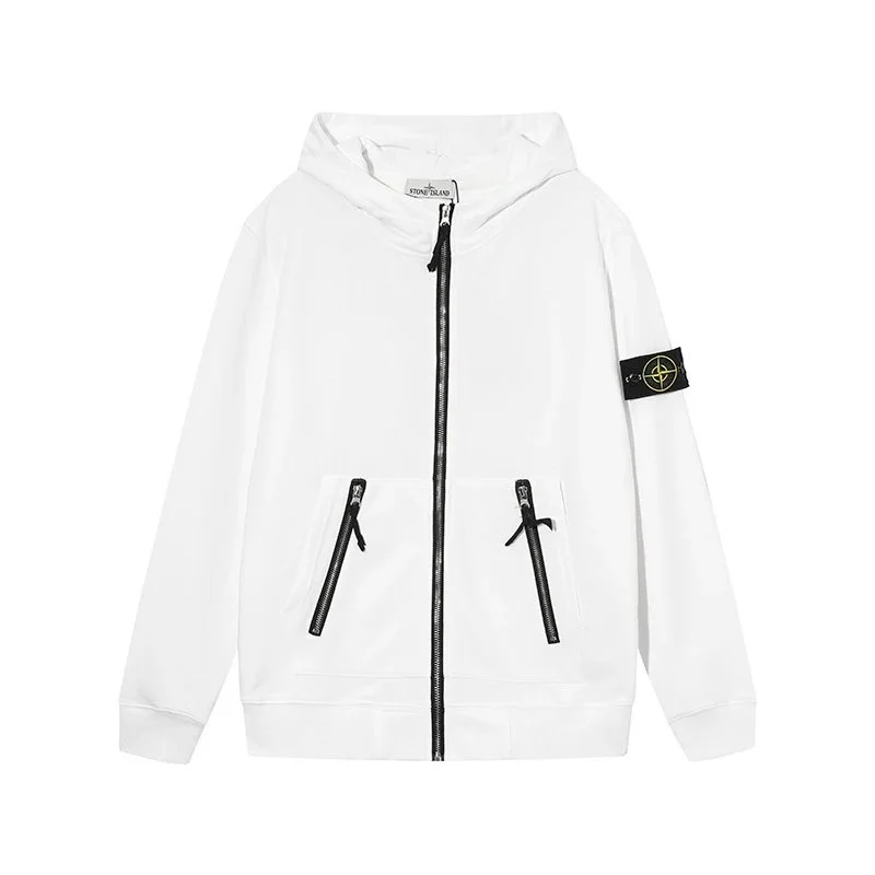 Stone Island 68-15 White Hoodie with Zipper Pockets