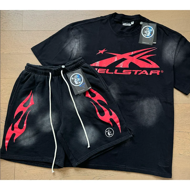 Hellstar Black Red Flame Graphic T-Shirt & Shorts Set