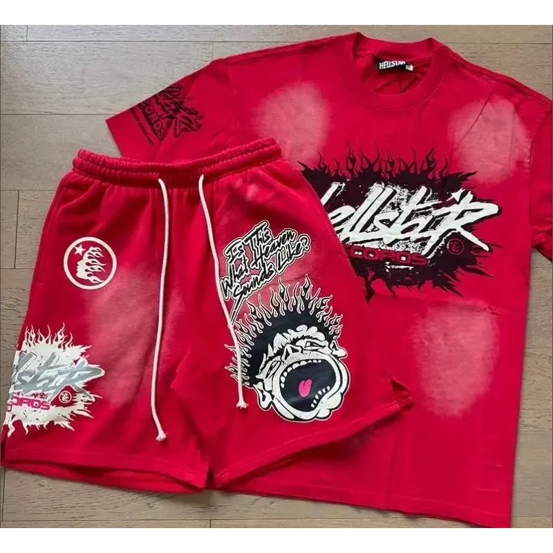 Hellstar Red Flames Graphic T-Shirt & Shorts Set
