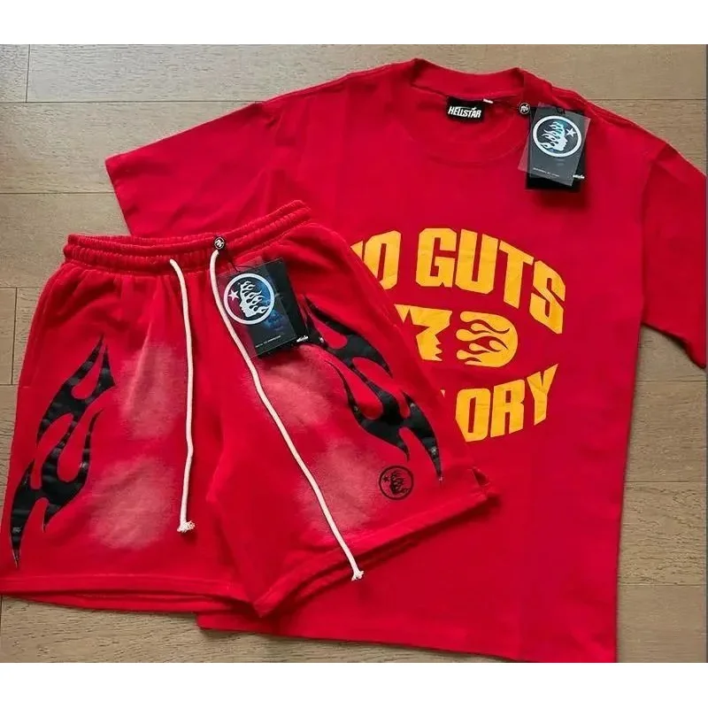 No Brand No Guts Flame Print T-Shirt & Shorts Set Red