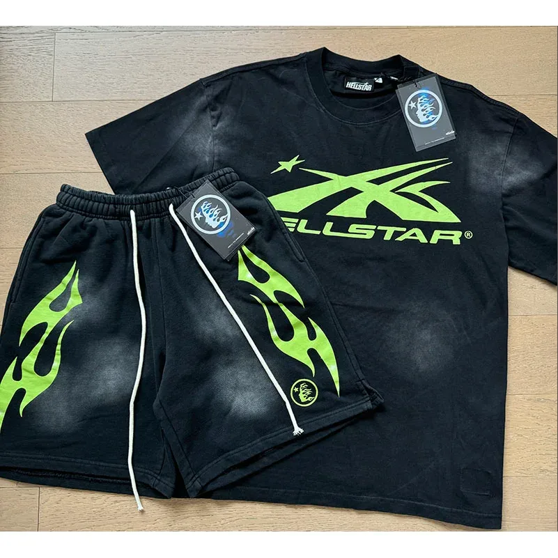 Hellstar Black & Green Flame Shorts Set