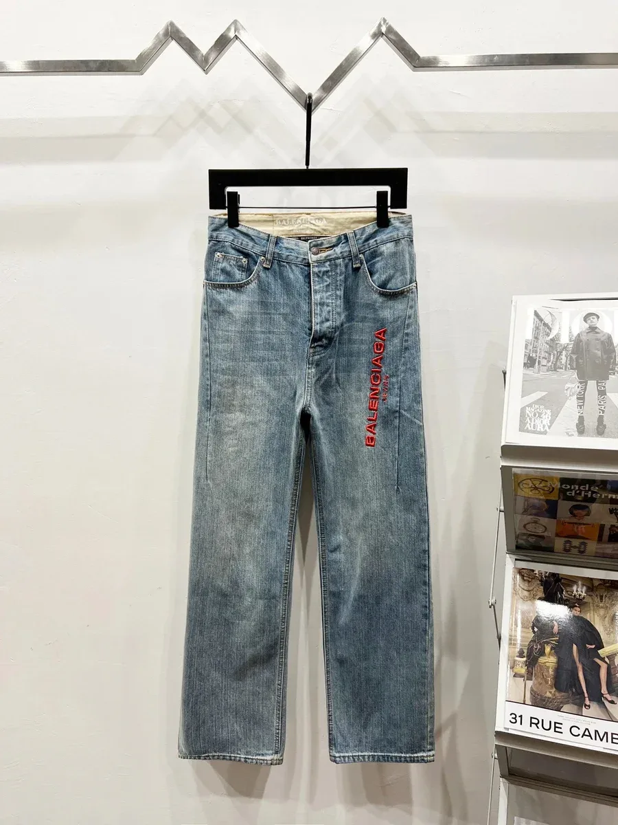Balenciaga Red Logo Straight Leg Jeans 31