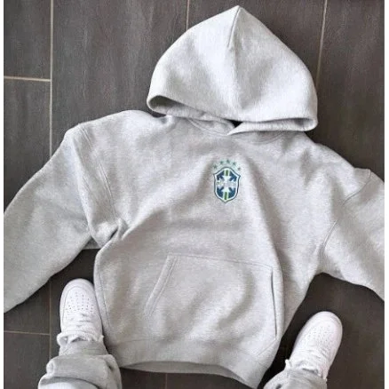 Grey Hoodie with Embroidered Crest - Casual Top