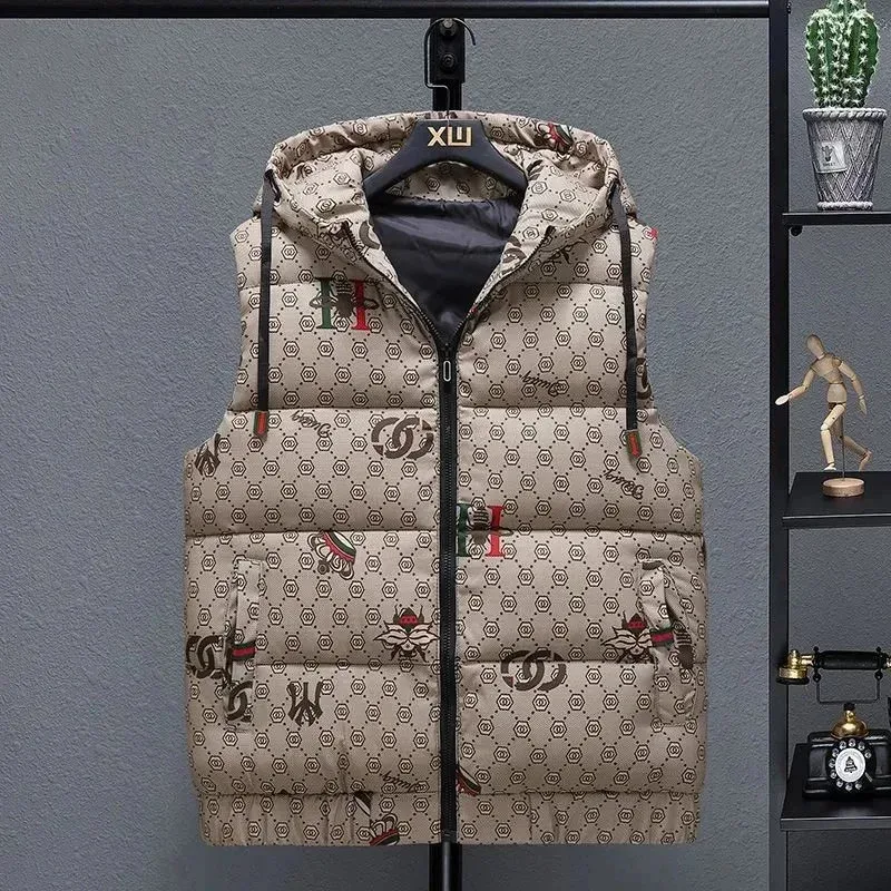 Unisex Beige Monogram Print Puffer Vest