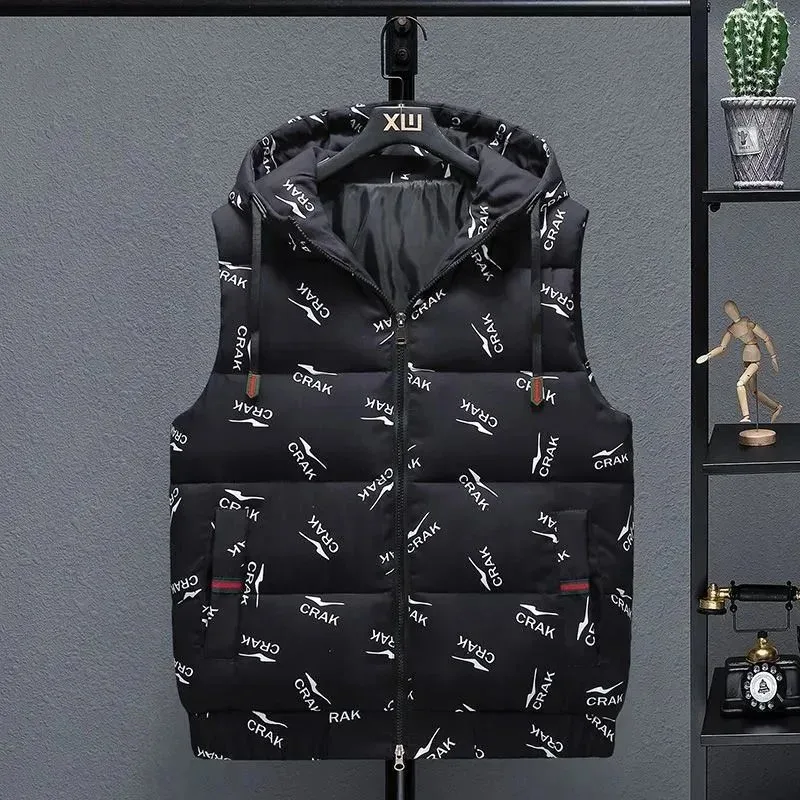 Unisex CRACK Print Hooded Puffer Vest Black