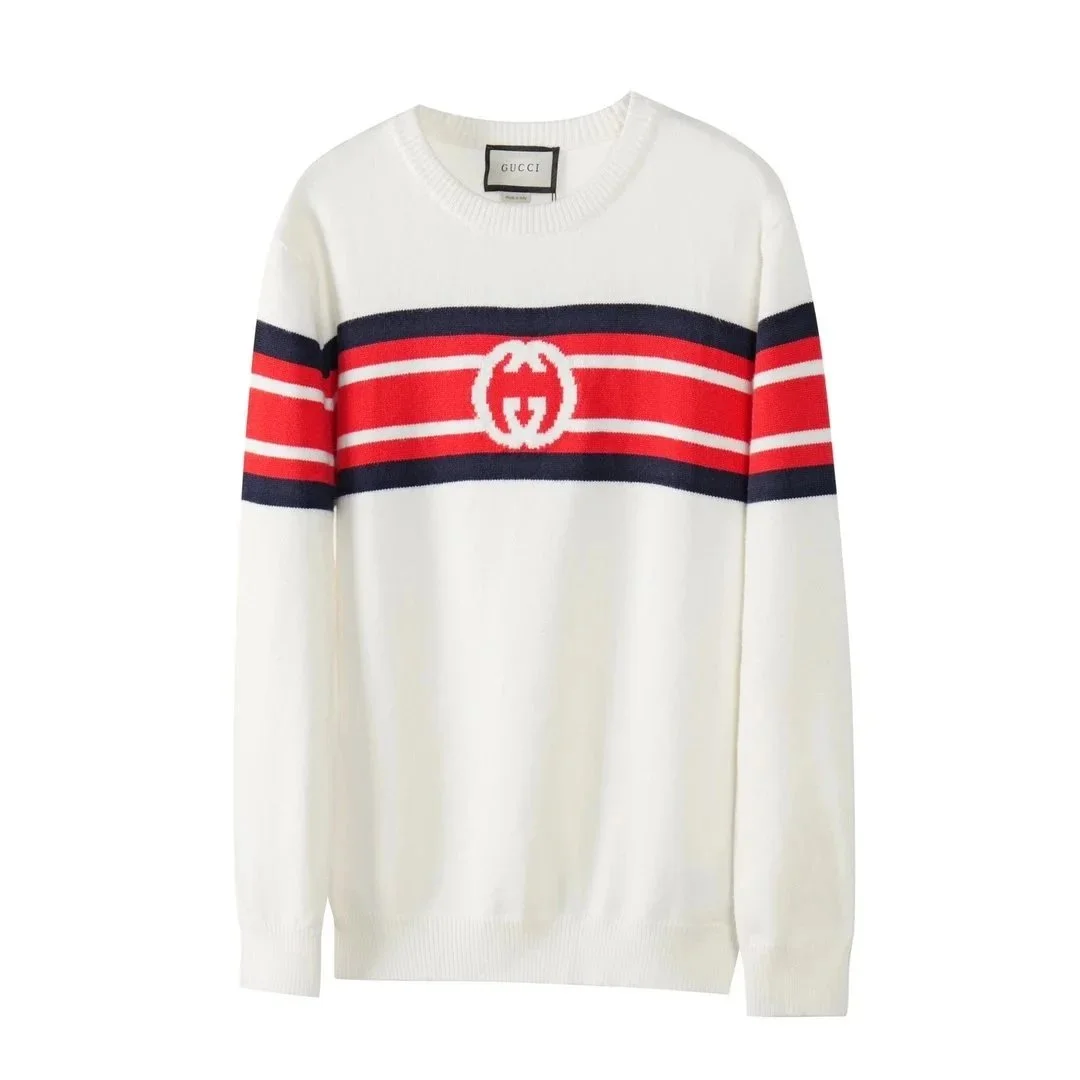 Gucci White Red Navy Striped Logo Sweater