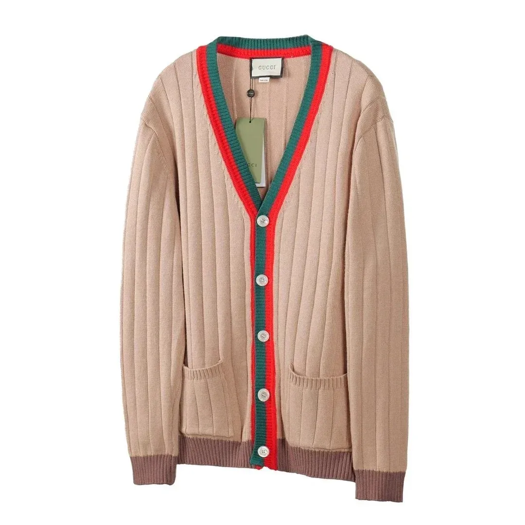 Gucci Beige V-Neck Cardigan with Red & Green Trim