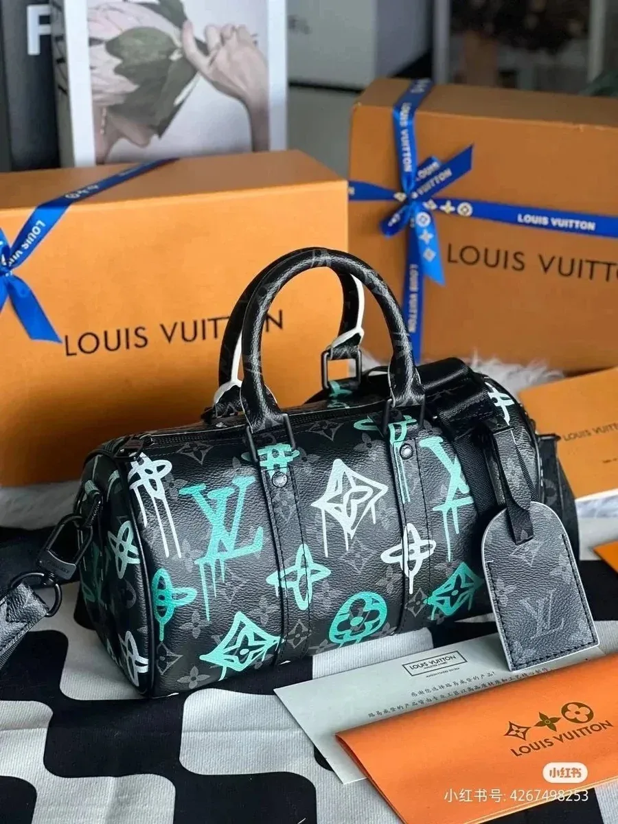Louis Vuitton Keepall Bandoulière 45 Black & Turquoise Monogram Bag