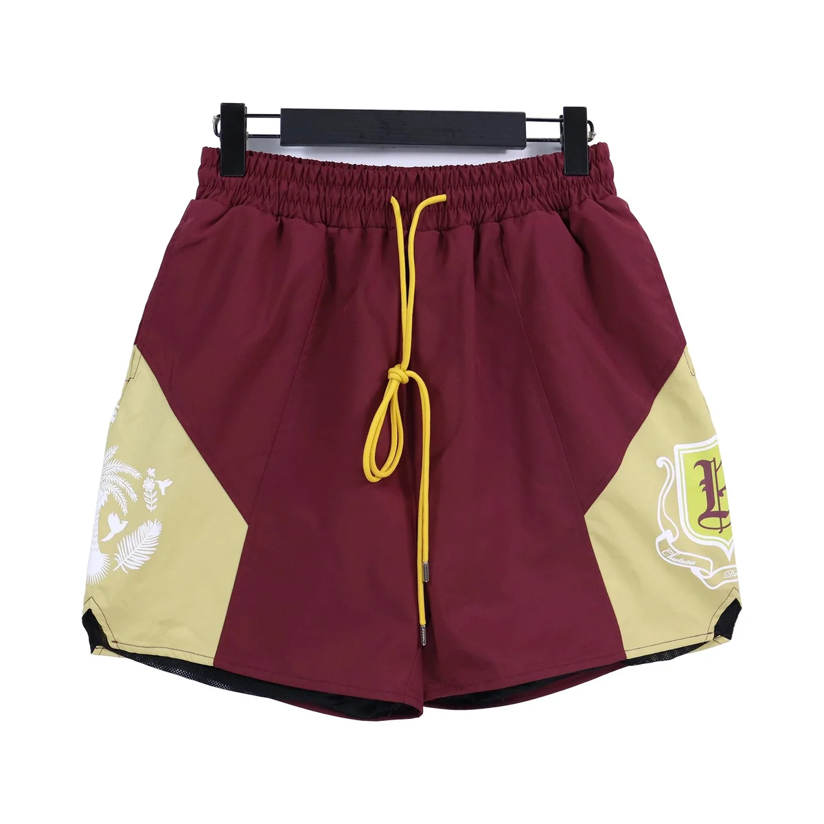 Unisex Burgundy & Beige Panelled Shorts with Crest Print