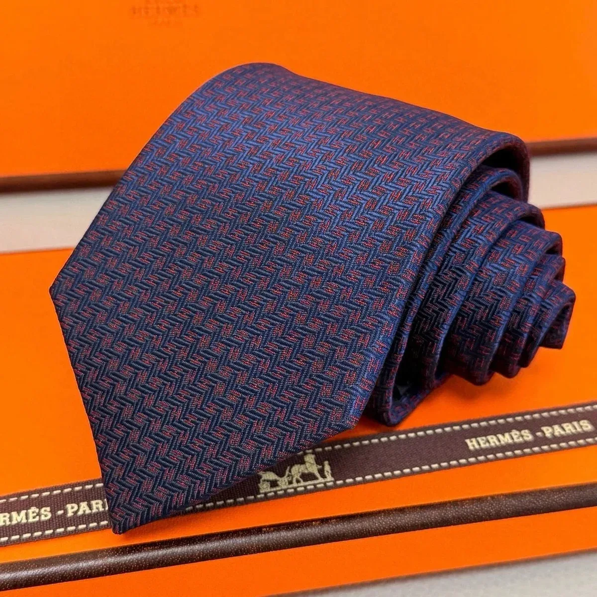Hermès Navy & Red Herringbone Silk Tie