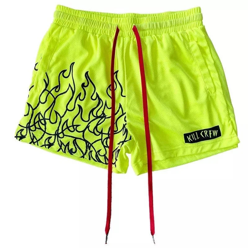 Neon Yellow Flame Print Shorts 27绿色005