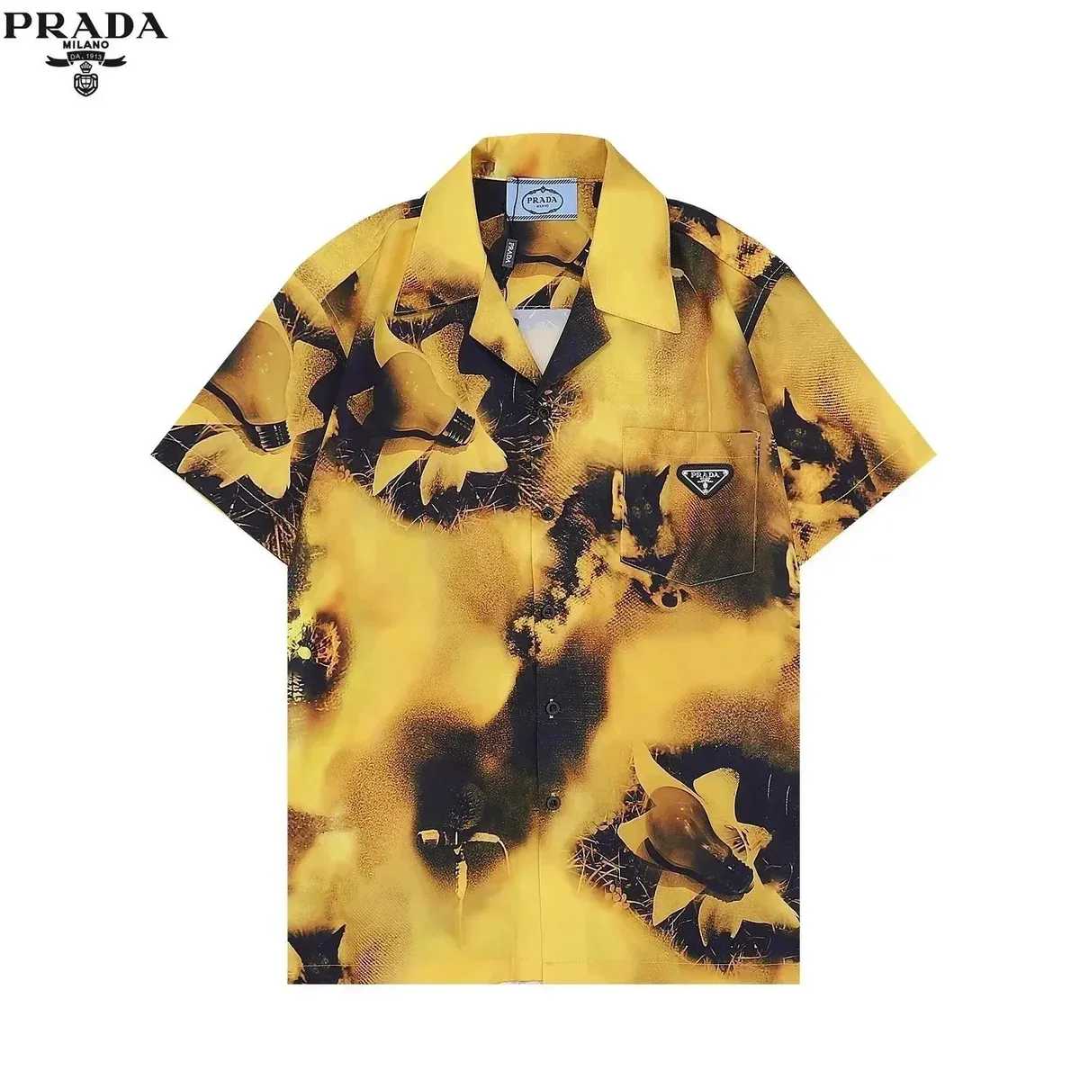 Prada Yellow Floral Print Short Sleeve Shirt