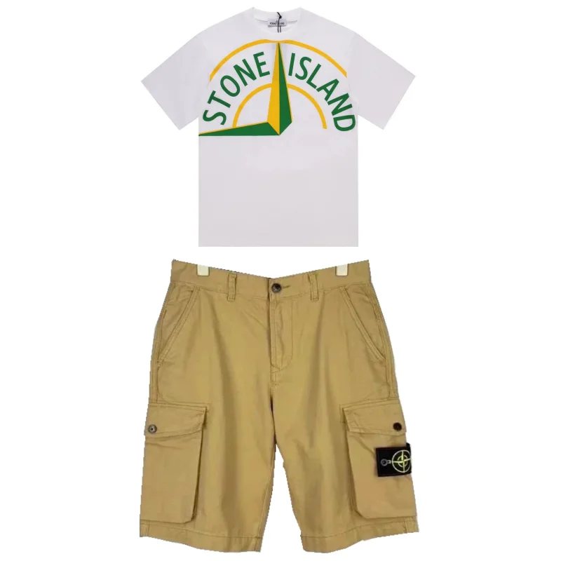 Stone Island 68-15 White T-Shirt & Khaki Cargo Shorts Set