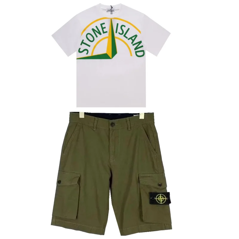 Stone Island 68-15 White T-Shirt & Olive Cargo Shorts Set