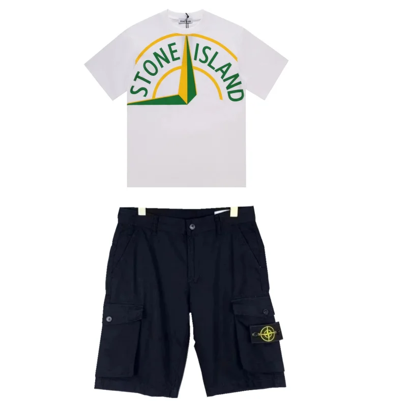 Stone Island 68-15 White T-Shirt & Black Cargo Shorts Set
