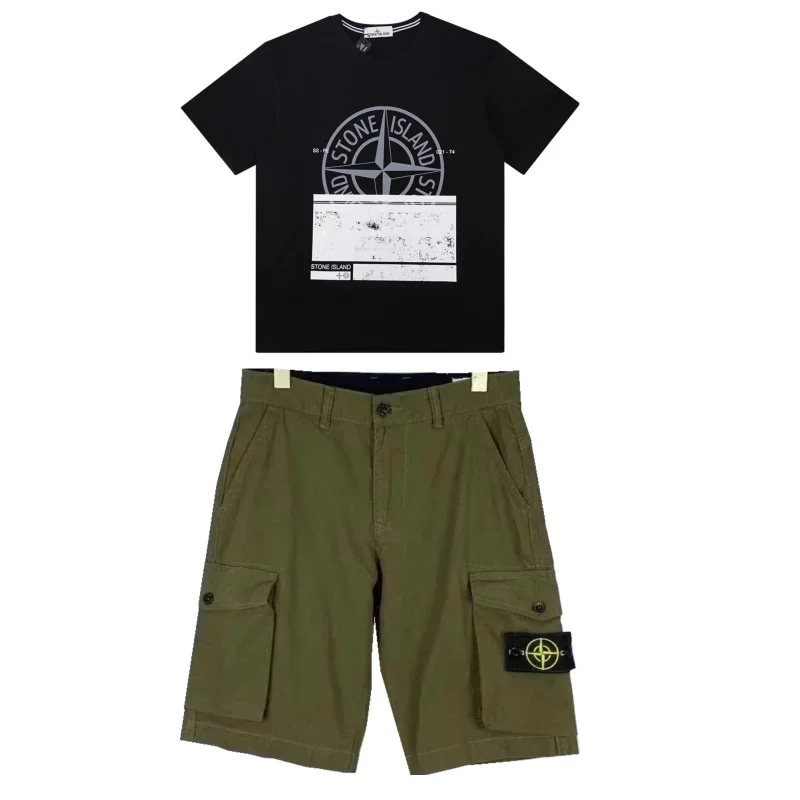 Stone Island 68-15 Black T-Shirt & Olive Cargo Shorts Set