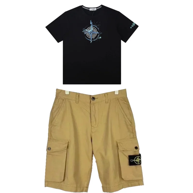Stone Island 68-15 Black T-Shirt & Khaki Cargo Shorts Set