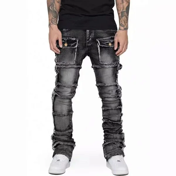 Distressed Black Denim Jeans with Patchwork Details