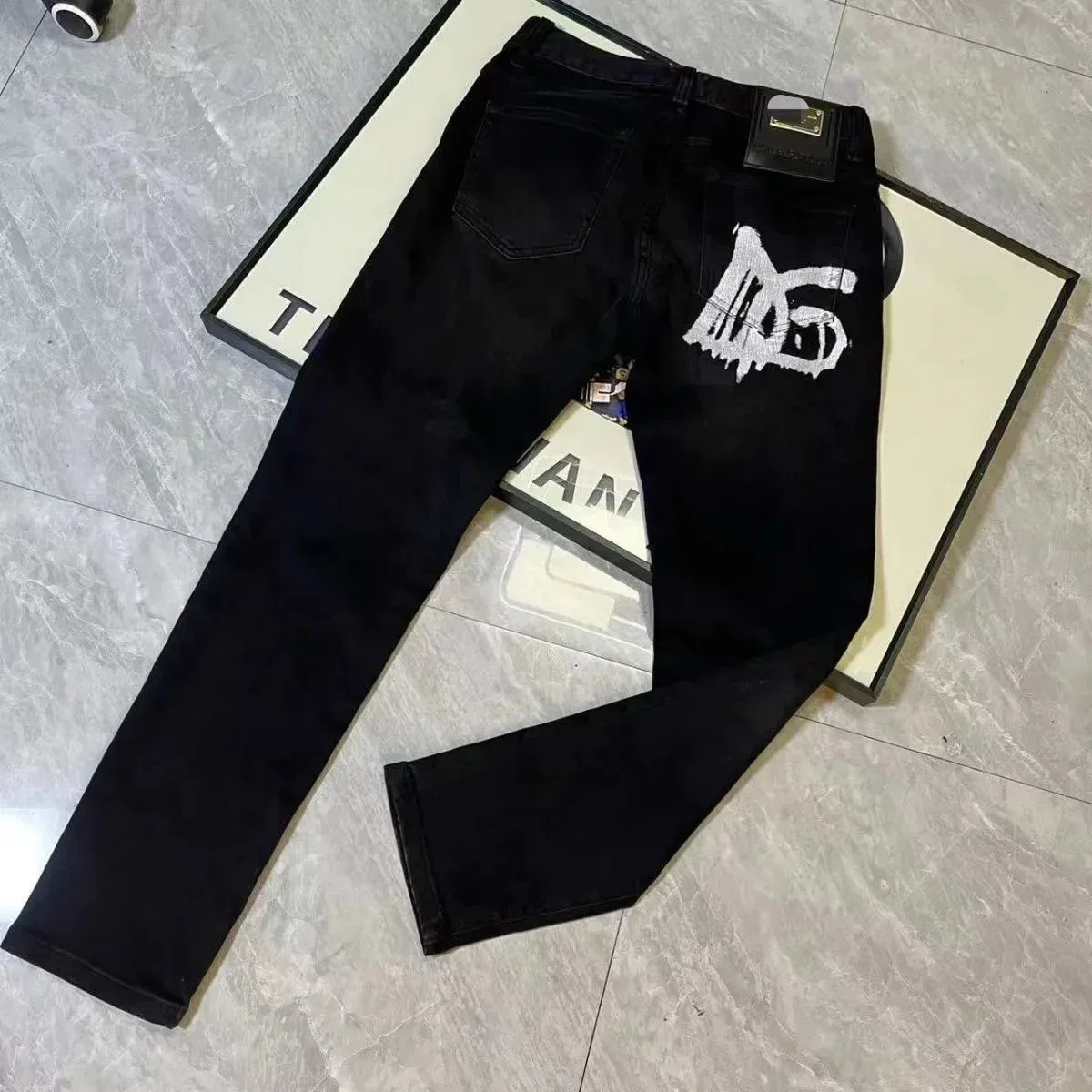 Black DG Jeans with White Graphic Print