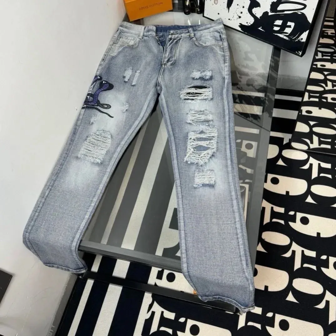 Distressed Snake Embroidery Jeans Light Blue Denim