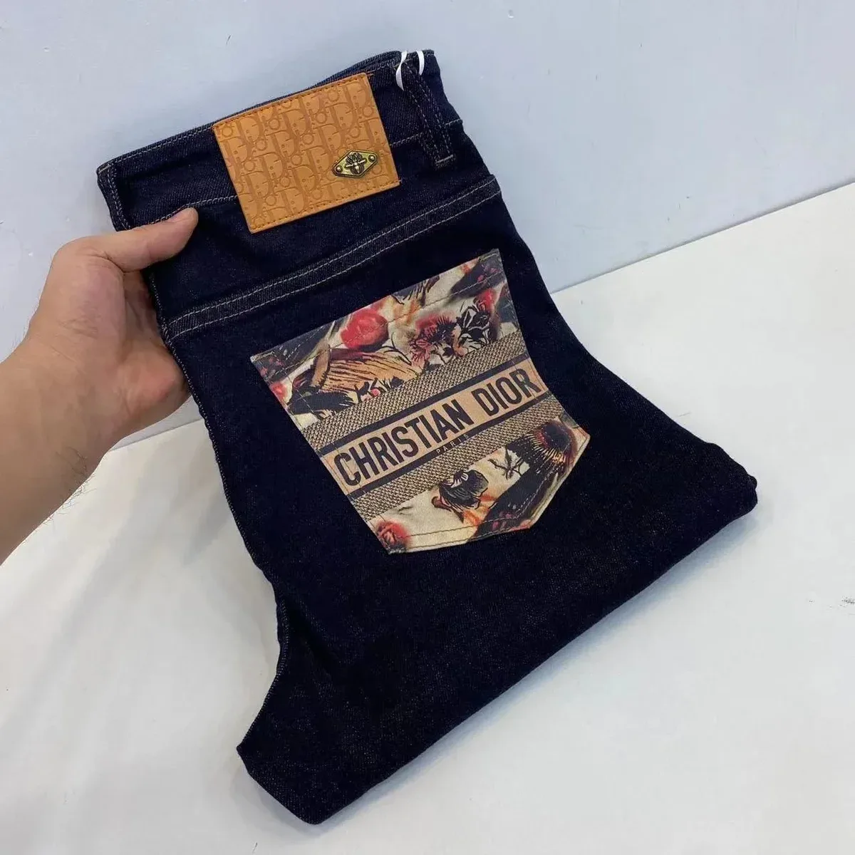 Christian Dior Floral Print Jeans Dark Denim
