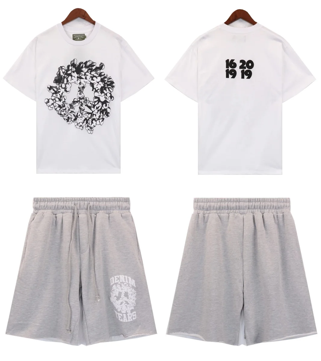 White Graphic Tee & Grey Denim Shorts Set