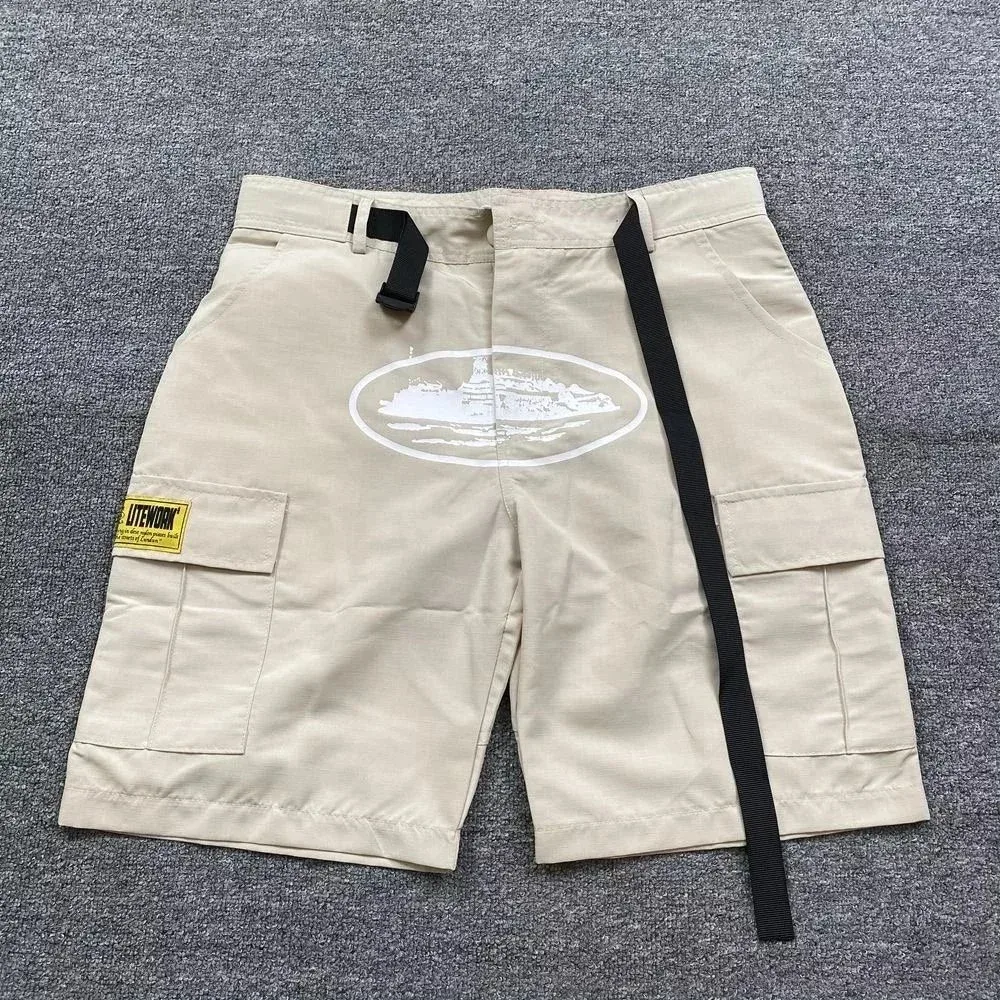 Beige Litework Cargo Shorts with White Graphic