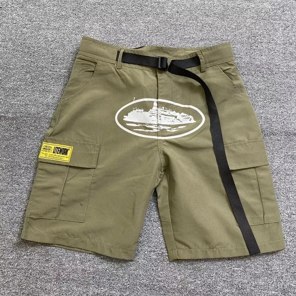 Olive Cargo Shorts with Ship Print and Belt