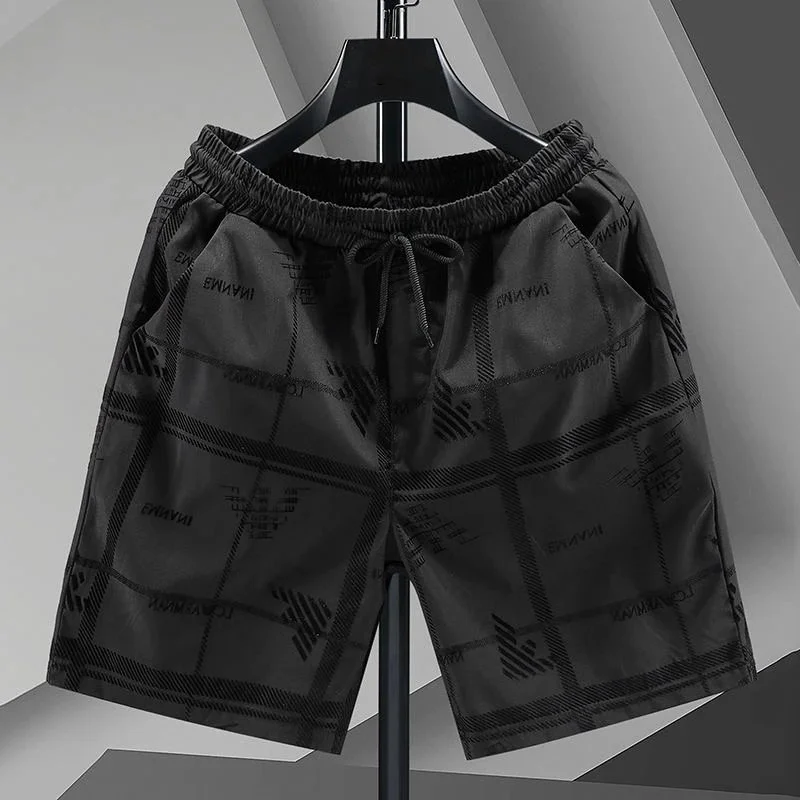 Unisex Grid Print Elastic Waist Shorts Black