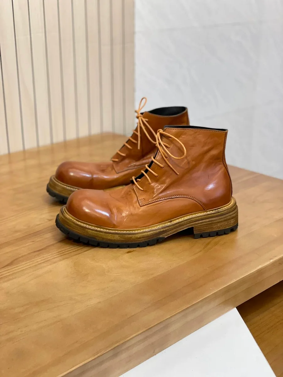 Cognac Leather Lace-Up Boots