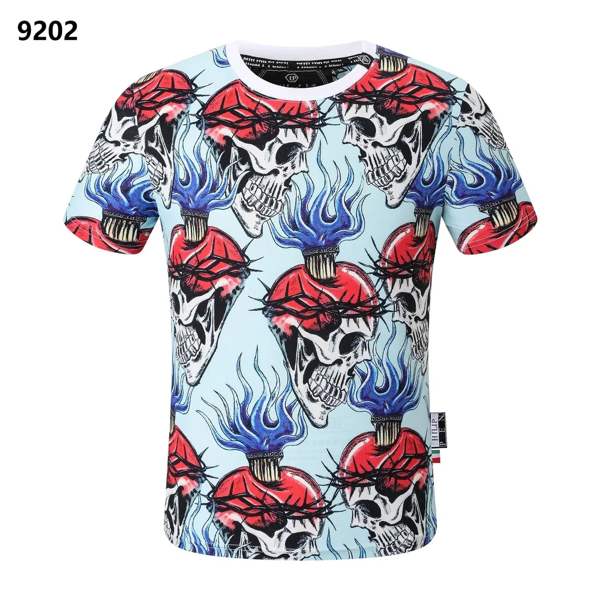 Philipp Plein Skull Flame T-Shirt Light Blue/Red T-Shirt