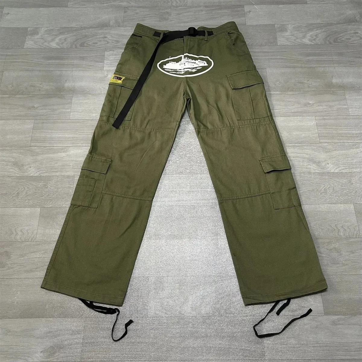 Olive Green Cargo Pants with Island Print and Adjustable Waist