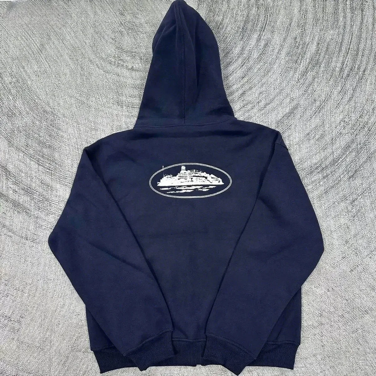 Navy Blue Hoodie with White Ship Print Casual Top