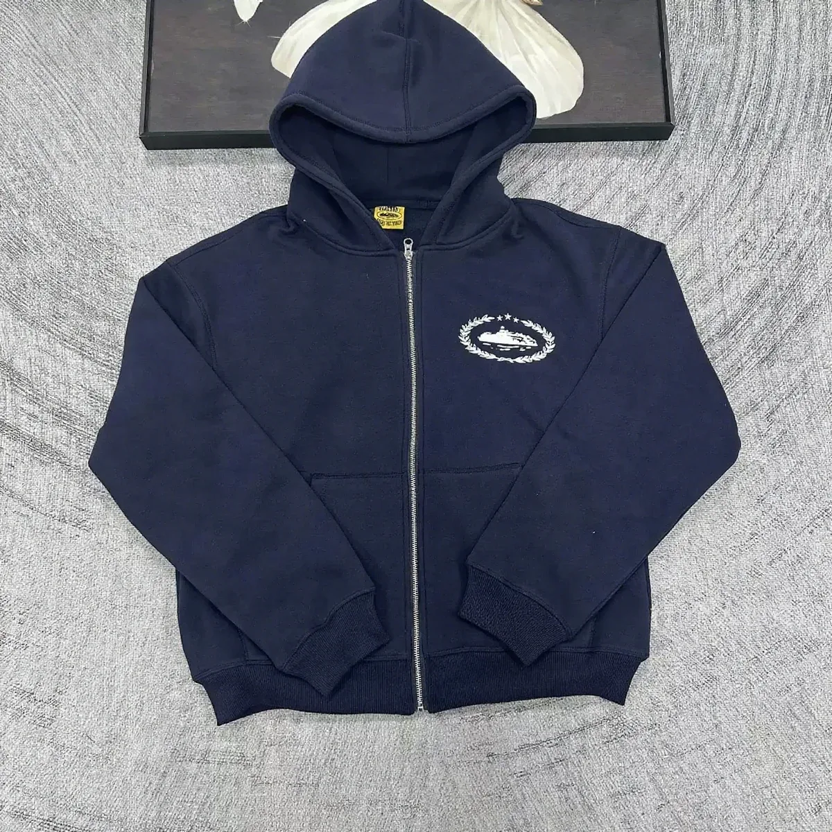 Navy Zip-Up Hoodie with Embroidered Logo