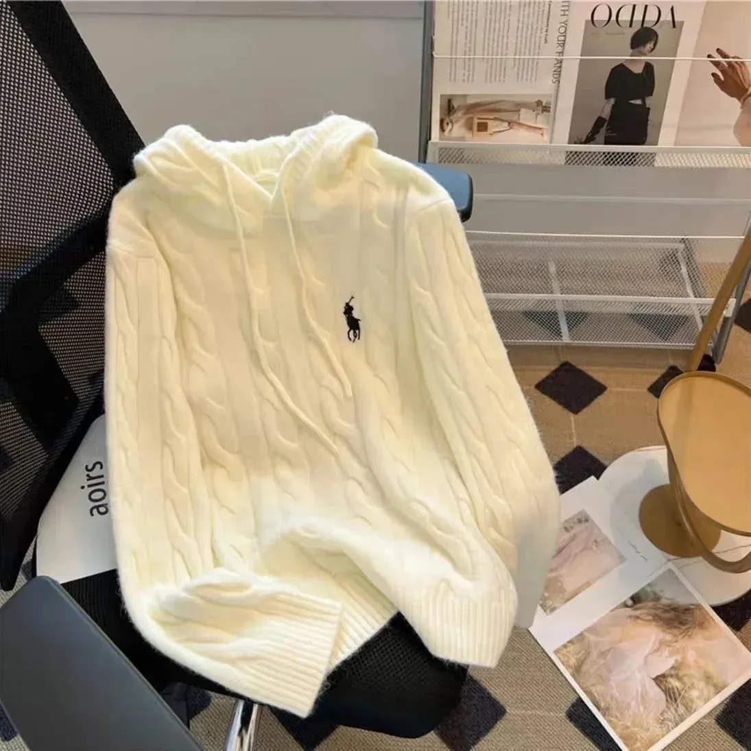 Polo Ralph Lauren Big Pony Cream Cable-Knit Hoodie