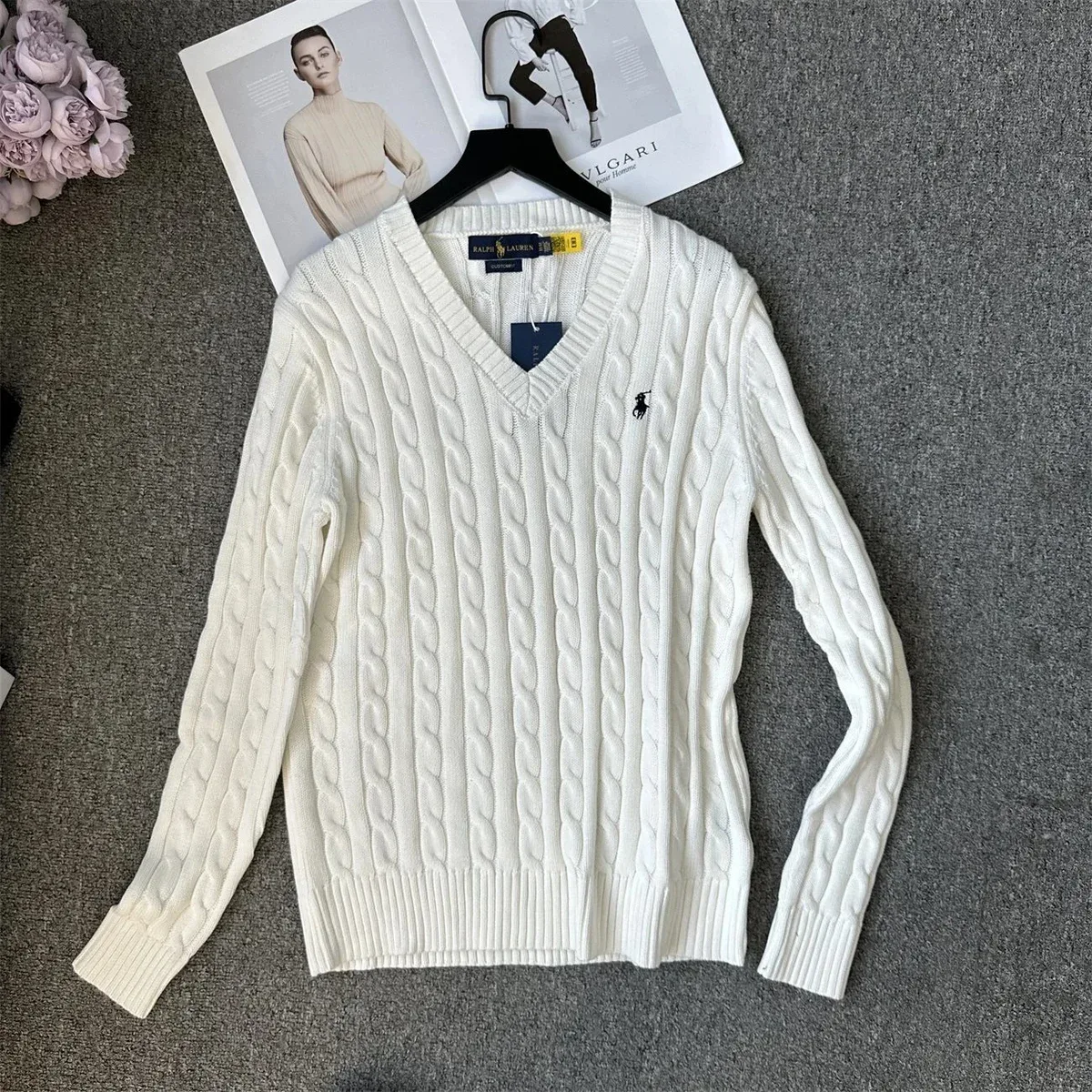 Ralph Lauren White Cable Knit V-Neck Sweater
