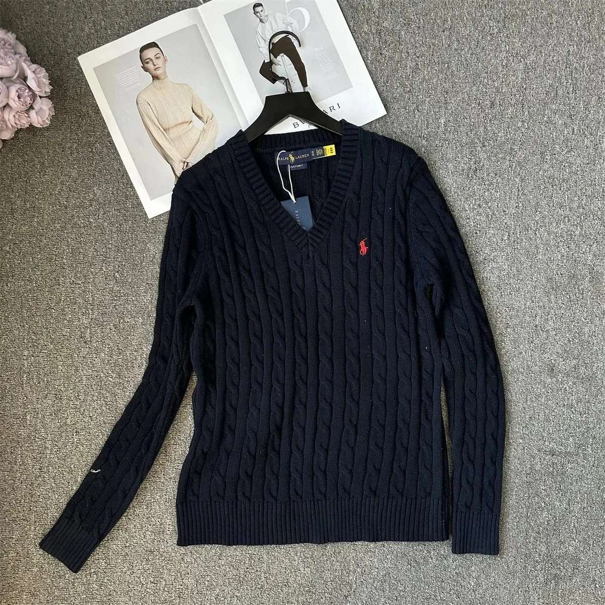 Ralph Lauren Cable Knit V-Neck Sweater Navy