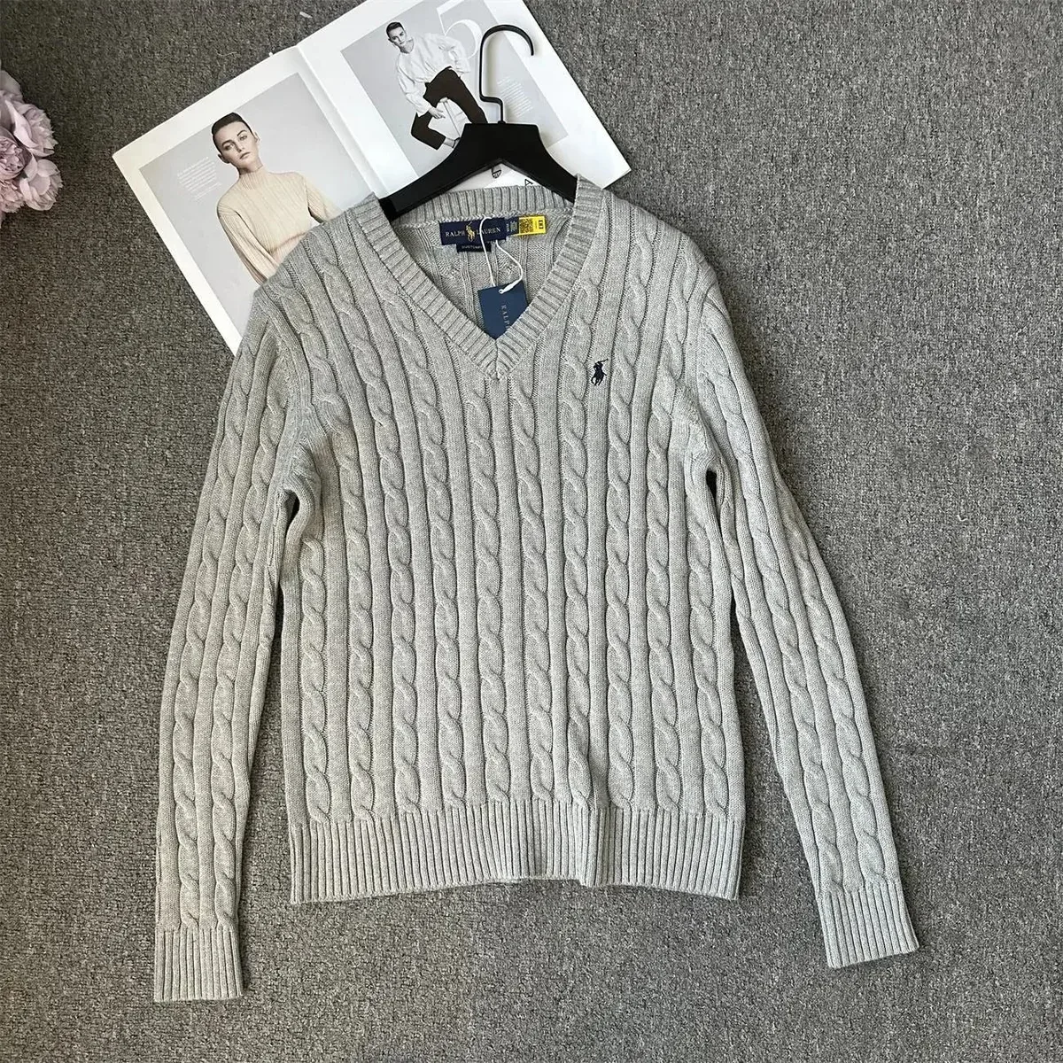 Polo Ralph Lauren Grey Cable Knit V-Neck Sweater