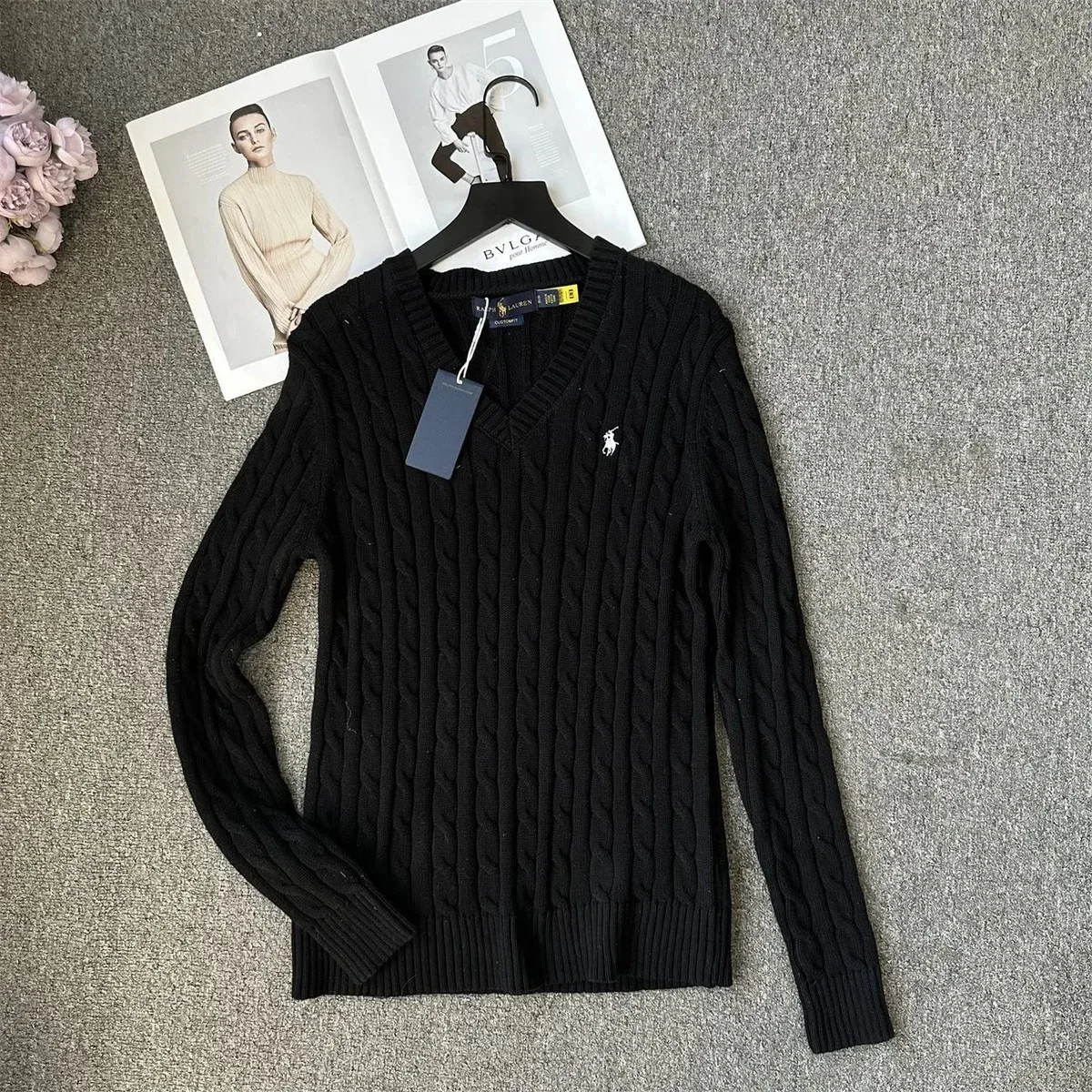 Polo Ralph Lauren Black Cable Knit V-Neck Sweater
