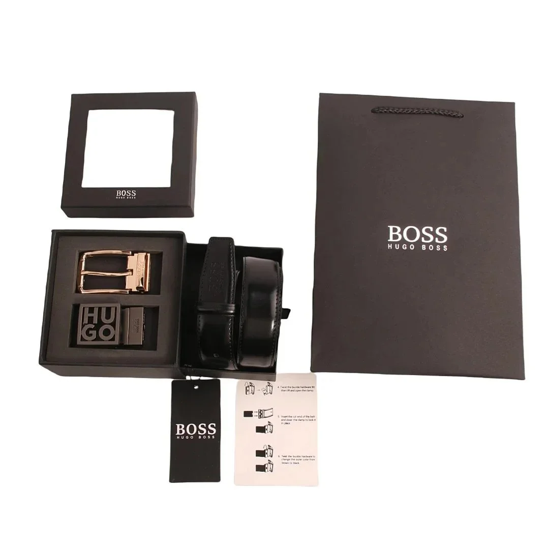 Hugo Boss Black Leather Belt with Gold Buckle