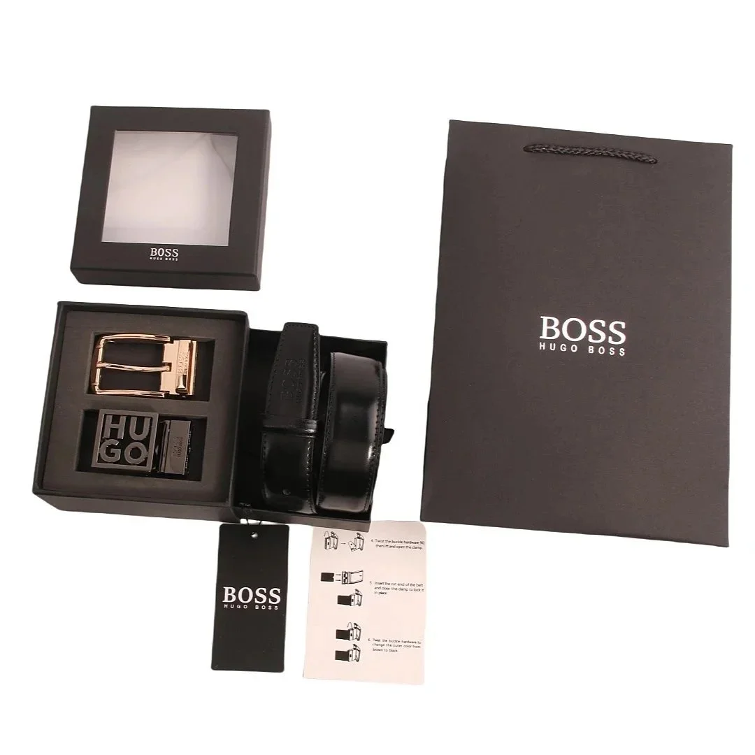Hugo Boss Black Leather Belt with Gold Buckle