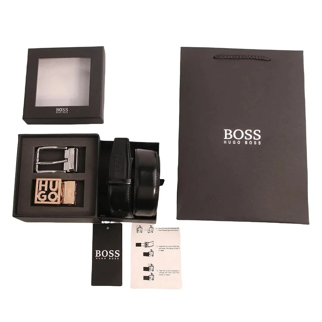 Hugo Boss Black Leather Belt with Rose Gold Buckle