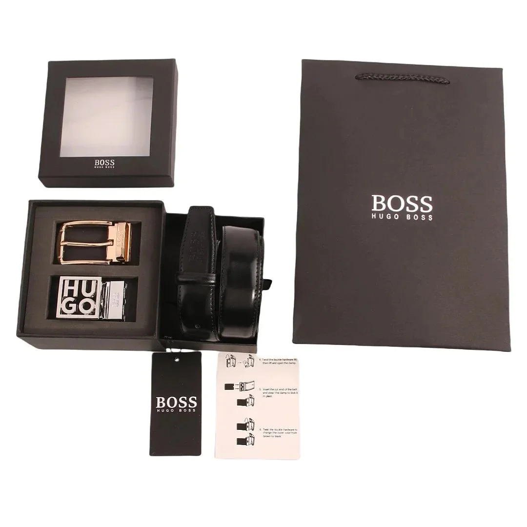 Hugo Boss Black Leather Belt with Gold Buckle